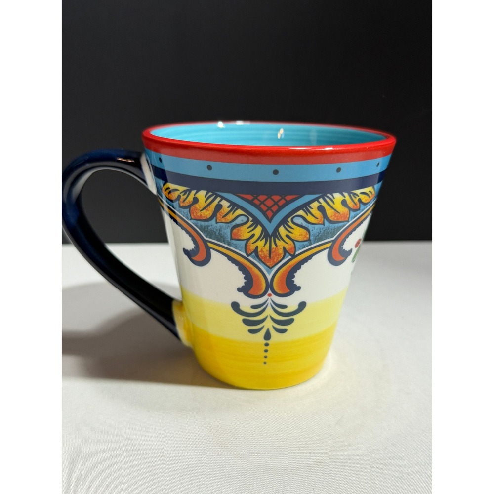 Euro Ceramica Zanzibar Hand Painted Floral Ceramic Coffee Mug Blue Yellow Red